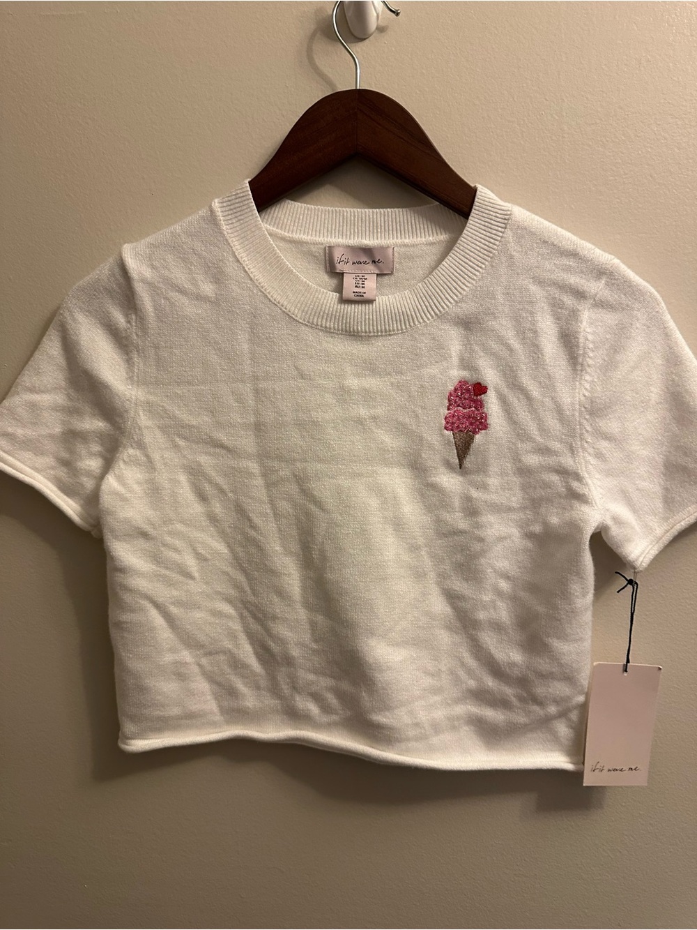 if it were me White Knit Tee with Pink Ice Cream Patch